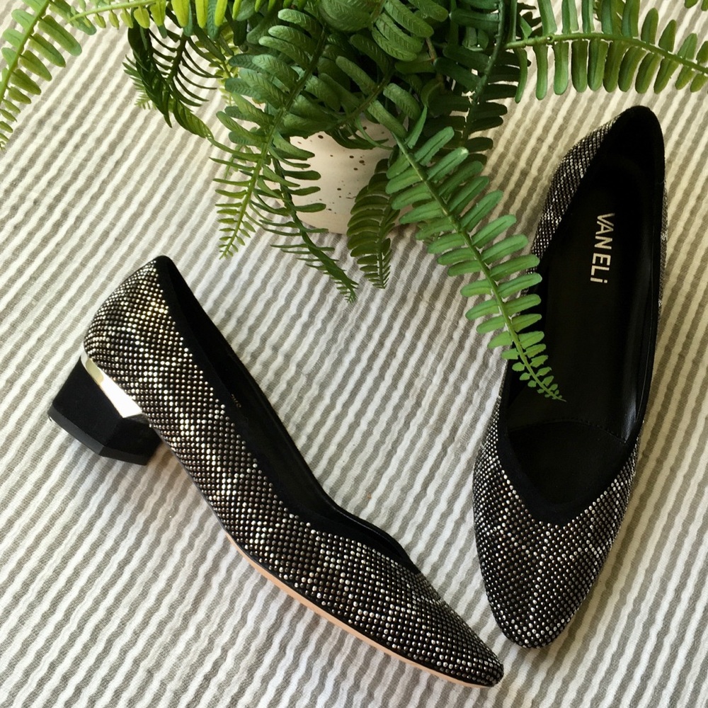 VanEli Metallic Stud Suede Narrow Pumps Low Heel